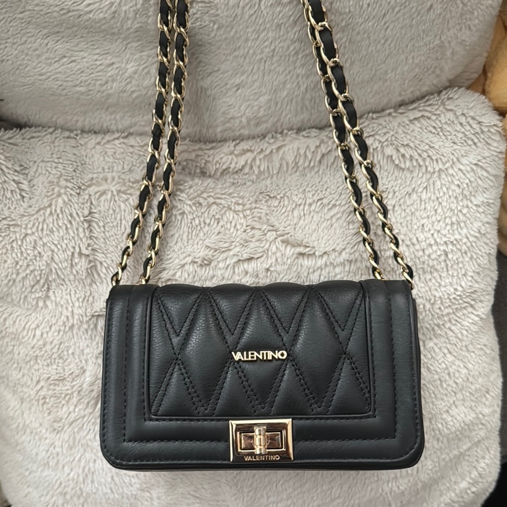 Valentino By Mario Valentino Black Quilted Leather Shoulder Bag with Gold Chain